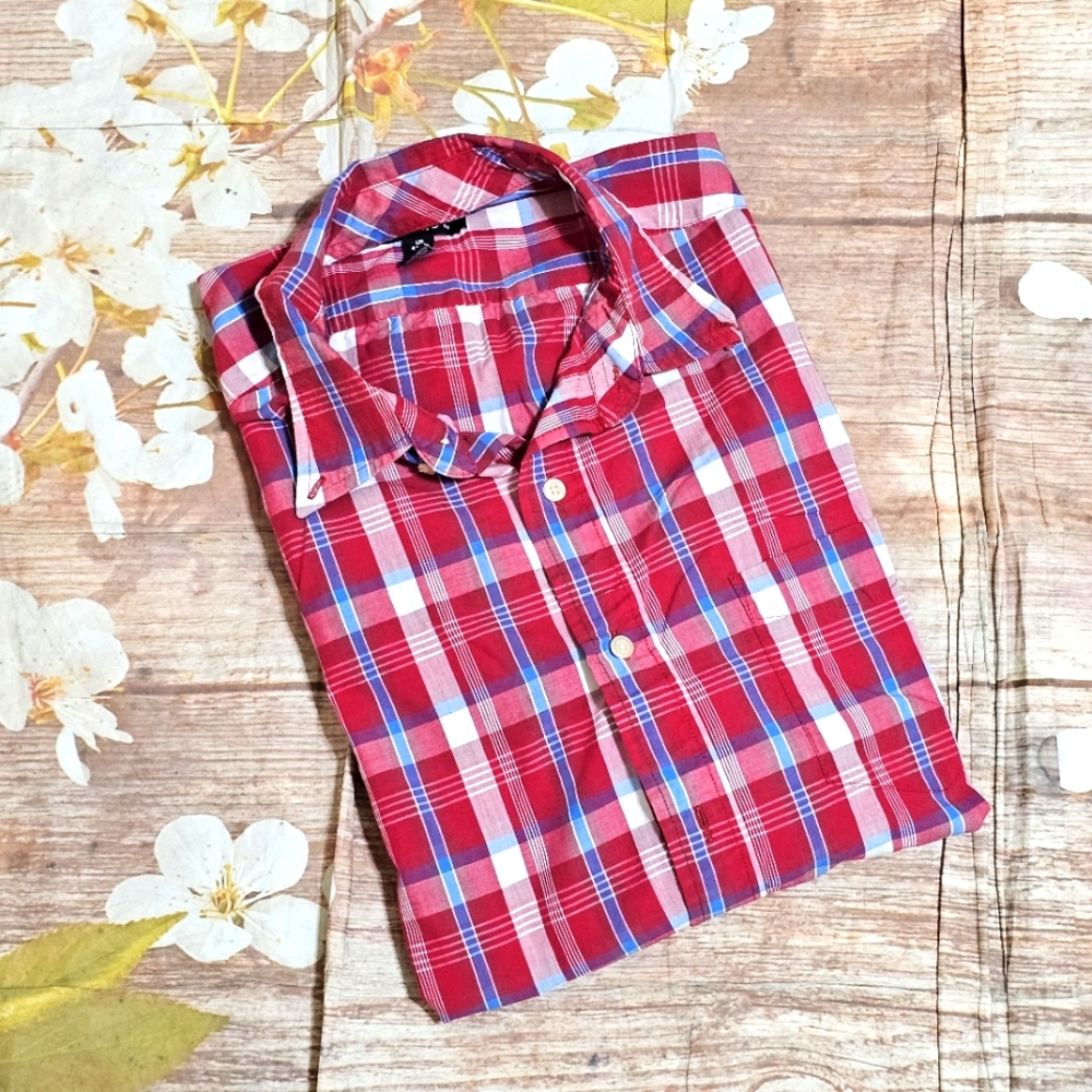 George Red and Blue Casual Plaid Button Down Shirt Sz L